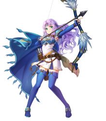 Rule 34 | 1girl, aqua eyes, armor, arrow (projectile), belt, blue cape, blue footwear, blue gloves, boots, bow (weapon), breastplate, cape, chachie, closed mouth, dress, elbow gloves, feathers, fingerless gloves, fire emblem, fire emblem: the blazing blade, fire emblem heroes, florina (fire emblem), full body, gloves, hair ornament, headband, highres, holding, holding bow (weapon), holding weapon, long hair, looking at viewer, looking away, nintendo, non-web source, official art, purple hair, quiver, short dress, short sleeves, shoulder armor, skirt, smile, solo, standing, thigh boots, thighhighs, transparent background, weapon, white dress, zettai ryouiki
