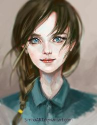 Rule 34 | 1girl, absurdres, artist name, blouse, blue eyes, blue shirt, braid, braided ponytail, brown hair, closed mouth, collared shirt, commentary, deviantart username, english commentary, eyelashes, highres, lips, lipstick, looking at viewer, makeup, original, ponytail, red lips, shirt, side braid, simha14, solo, watermark, web address