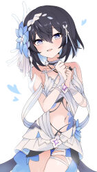 Rule 34 | 1girl, absurdres, awe (adorableduckyy), bare shoulders, black hair, blue eyes, blue flower, blue hair, blush, breasts, collarbone, dress, flower, hair flower, hair ornament, hands up, heart, highres, honkai (series), honkai impact 3rd, looking at viewer, multicolored hair, navel, own hands together, seele vollerei, seele vollerei (herrscher of rebirth), short hair, simple background, skindentation, small breasts, smile, solo, standing, two-tone hair, white background, white dress
