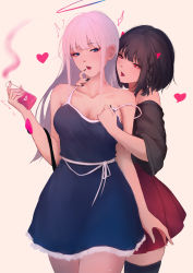 Rule 34 | 2girls, bare arms, bare shoulders, black hair, black nails, black shirt, blue dress, blue eyes, braid, breasts, brown background, cleavage, collarbone, demon girl, demon horns, demon tail, dress, grey hair, halo, hand up, heart, highres, holding, horns, long hair, medium breasts, multiple girls, nail polish, off-shoulder shirt, off shoulder, original, parted lips, pleated skirt, red eyes, red skirt, saliva, saliva trail, shimmer, shirt, short sleeves, simple background, skirt, sleeveless, sleeveless dress, strap slip, tail, teeth, tongue, tongue out, upper teeth only, very long hair, wide sleeves, yuri