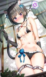 Rule 34 | 1girl, 3:, anger vein, animal ear fluff, animal ears, bare arms, bare shoulders, bikini, black bikini, black gloves, black hair, blue bow, blue flower, blurry, blurry background, blurry foreground, blush, bow, breasts, brooch, cat ears, cat girl, cat tail, collarbone, commentary request, cowboy shot, curtains, depth of field, earrings, embarrassed, extra ears, flower, frilled bikini, frills, from below, frown, glint, gloves, groin, hair bow, headdress, highres, holding tail, idolmaster, idolmaster cinderella girls, indoors, jewelry, kuria (clear trip second), bridal garter, light particles, looking at viewer, micro bikini, navel, nose blush, plant, purple eyes, rose, shirayuki chiyo, short hair, sidelocks, small breasts, solo, spoken anger vein, standing, stomach, swimsuit, tail, tears, v-shaped eyebrows, window