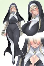Rule 34 | 1girl, braid, breasts, cleavage, commentary request, cross, cross necklace, curvy, eryu kamemura, closed eyes, full body, grey background, habit, hair between eyes, highres, huge breasts, jewelry, long hair, looking at viewer, mole, mole under eye, mole under mouth, multiple views, necklace, nun, original, simple background, smile, standing, thighhighs, twin braids, very long hair