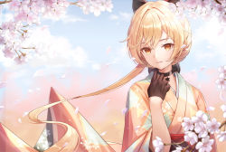Rule 34 | 1girl, arm up, black bow, black gloves, blonde hair, blue sky, blurry, blurry foreground, bow, cherry blossom print, cherry blossoms, choker, closed mouth, cloud, commission, crossed bangs, day, floral print, girls&#039; frontline, gloves, hair bow, half gloves, highres, japanese clothes, kimono, long hair, looking at viewer, lunacle, official alternate costume, orange kimono, ots-14 (flurry of petals) (girls&#039; frontline), ots-14 (girls&#039; frontline), outdoors, petals, pixiv commission, sky, solo, upper body, very long hair, yellow eyes