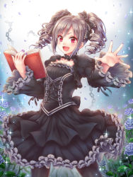 Rule 34 | 10s, 1girl, blue rose, book, chain, drill hair, flower, highres, idolmaster, idolmaster cinderella girls, kanzaki ranko, lolita fashion, long hair, open mouth, pantyhose, petals, red eyes, rose, rose petals, silver hair, solo, toshi, twin drills, twintails