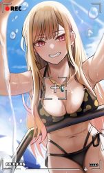 Rule 34 | 1girl, absurdres, bikini, black bikini, blonde hair, breast rest, breasts, cleavage, collarbone, earrings, highres, jewelry, kitagawa marin, long hair, looking at viewer, medium breasts, necklace, nicky w, open mouth, parted lips, print bikini, recording, red eyes, smile, solo, sono bisque doll wa koi wo suru, standing, swimsuit, teeth, water drop, wet