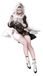 Rule 34 | 1girl, absurdres, aponia (honkai impact), black dress, blonde hair, blue eyes, blush, breasts, brown hair, cleavage, closed mouth, covered collarbone, dress, hair between eyes, high heels, highres, honkai (series), honkai impact 3rd, large breasts, long bangs, long hair, long sleeves, looking at viewer, mole, mole under eye, nun, pelvic curtain, sitting, smile, socks, solo, thighs, veil, white background, xiaoluo xl