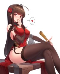 Rule 34 | 1girl, antenna hair, bare shoulders, between breasts, black panties, black thighhighs, blunt bangs, blush, breasts, brown hair, china dress, chinese clothes, cleavage cutout, closed mouth, clothing cutout, commentary, dress, dsr-50 (girls&#039; frontline), dsr-50 (red peony) (girls&#039; frontline), earrings, eyes visible through hair, flower, garter straps, girls&#039; frontline, hair flower, hair intakes, hair ornament, hand to own mouth, heart, highres, jewelry, lace, lace-trimmed legwear, lace trim, large breasts, long hair, looking at viewer, nail polish, narynn, official alternate costume, panties, pink nails, red dress, red eyes, red flower, simple background, sitting, solo, speech bubble, spoken heart, thighhighs, thighs, underwear, very long hair, white background