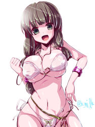 Rule 34 | 10s, 1girl, :d, bikini, blush, braid, breasts, brown hair, cleavage, covered erect nipples, curvy, female focus, green eyes, kantai collection, kitakami (kancolle), large breasts, long hair, looking at viewer, miuku (marine sapphire), navel, open mouth, side-tie bikini bottom, simple background, single braid, smile, solo, swimsuit, twitter username, white background, wide hips