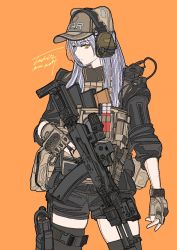 Rule 34 | 1girl, ak-74m, ammunition pouch, animal ear headwear, assault rifle, bulletproof vest, escape from tarkov, fake animal ears, gloves, glowstick, gun, hat, headset, kalashnikov rifle, long hair, looking at viewer, orange background, orange eyes, original, pouch, rifle, scope, shorts, signature, sleeves rolled up, takao02, thighhighs, trigger discipline, weapon, white hair