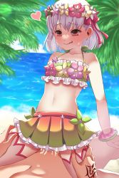 Rule 34 | 1boy, 1girl, absurdres, bare shoulders, beach, bikini, blue sky, blush, breasts, closed mouth, collarbone, command spell, cowgirl position, cum, cum in pussy, fate/grand order, fate (series), flower wreath, girl on top, green bikini, hair ribbon, head wreath, hetero, highres, kama (fate), kama (swimsuit avenger) (fate), kama (swimsuit avenger) (first ascension) (fate), licking lips, miniskirt, navel, ocean, palm tree, penis, rainbow skirt, red eyes, ribbon, sex, shore, short hair, silver hair, skirt, sky, small breasts, smile, straddling, swimsuit, thighhighs, thighs, tongue, tongue out, tree, utani (punishment), white thighhighs