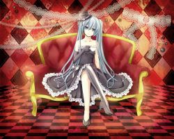 Rule 34 | 1girl, absurdres, aqua eyes, aqua hair, argyle, argyle background, argyle clothes, bare shoulders, checkered floor, collarbone, couch, crossed legs, cup, dress, elbow gloves, floor, gloves, hat, hatsune miku, head tilt, high heels, highres, long hair, mil2, mini hat, mini top hat, shoes, single elbow glove, single glove, single thighhigh, sitting, solo, striped clothes, striped thighhighs, teacup, thighhighs, top hat, twintails, vertical-striped clothes, vertical-striped thighhighs, very long hair, vocaloid