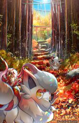 Rule 34 | autumn, autumn leaves, blue sky, closed mouth, creatures (company), ekm, game freak, grass, hisuian zorua, looking at viewer, nintendo, no humans, plant, pokemon, pokemon (creature), raised eyebrows, rope, shide, shimenawa, sky, smile, stairs, stone stairs, sun, tall grass, torii, tree, yellow eyes