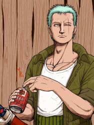 Rule 34 | 1boy, 2021, alcohol, alternate costume, beer, beer can, can, closed mouth, drink can, earrings, green hair, highres, holding, holding can, jewelry, katana, maggx, male focus, one eye closed, one piece, roronoa zoro, scar, scar across eye, scar on chest, scar on face, short hair, signature, single earring, solo, sword, weapon