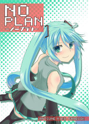 Rule 34 | 1girl, aqua eyes, aqua hair, bad id, bare shoulders, cover, detached sleeves, from above, fumitsunenaro, hatsune miku, long hair, looking back, necktie, skirt, smile, solo, thighhighs, twintails, very long hair, vocaloid