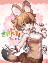 Rule 34 | 3girls, animal ears, black hair, blue eyes, bow, bowtie, brown eyes, brown hair, common dolphin (kemono friends), dhole (kemono friends), dress, extra ears, glasses, gloves, grey hair, highres, ito yoki, kemono friends, kemono friends 3, looking at viewer, meerkat (kemono friends), multiple girls, pink background, ribbon, sailor dress, short hair, simple background, skirt, sleeves past wrists, sweater, tail, translation request, wolf ears, wolf girl, wolf tail