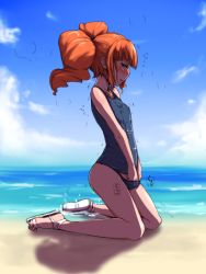 Rule 34 | 1girl, bare shoulders, beach, blush, clearite, colorized, female masturbation, fingering, flat chest, green eyes, hand under clothes, hand under swimsuit, idolmaster, idolmaster (classic), kent mame, kneeling, masturbation, one-piece swimsuit, orange hair, outdoors, petite, profile, sandals, school swimsuit, school swimsuit flap, short hair, solo, swimsuit, takatsuki yayoi, twintails, water