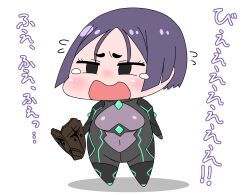 Rule 34 | 1girl, black eyes, chibi, commentary request, covered navel, crying, fate/grand order, fate (series), flying sweatdrops, full body, highres, holding, holding mask, mask, open mouth, parted bangs, purple hair, rei (rei rr), short hair, solo, tears, translation request, two-tone bodysuit, ushi gozen (avenger) (fate), ushi gozen (fate)