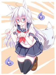 Rule 34 | 10s, 1girl, animal ears, blue eyes, blue fire, blush, fire, fox ears, fox tail, full body, glasses, hibiki (kancolle), jpeg artifacts, kantai collection, long hair, narumiya (empty cafe), open mouth, red-framed eyewear, resized, silver hair, solo, tail