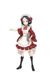 Rule 34 | 1girl, apron, black footwear, black hair, boots, eyebrows, flower, full body, hair flower, hair ornament, highres, holding, holding tray, knee boots, looking at viewer, maid apron, maid headdress, official art, princess principal, princess principal game of mission, solo, standing, toudou chise, transparent background, tray, wide sleeves