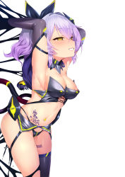 Rule 34 | 1girl, alternate eye color, areola slip, armpits, arms up, ass, asymmetrical legwear, azur lane, barcode, barcode tattoo, blush, breasts, commentary, commentary request, corruption, dark persona, elbow gloves, empty eyes, english commentary, engrish commentary, gloves, hair between eyes, half-closed eyes, high ponytail, highleg, highleg panties, javelin (azur lane), looking away, medium breasts, navel, panties, parted lips, purple hair, pussy juice, pussy juice trail, satou kuuki, single thighhigh, siren (azur lane), solo, sweat, tattoo, thighhighs, underwear, uneven legwear, white background, yellow eyes