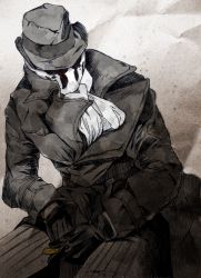 Rule 34 | 1boy, absol (dkqthf), ascot, bad id, bad pixiv id, buttons, coat, dc comics, fedora, gloves, hat, looking away, male focus, mask, monochrome, pants, pinstripe pants, pinstripe pattern, rorschach, sitting, smiley face, solo, striped, trench coat, watchmen