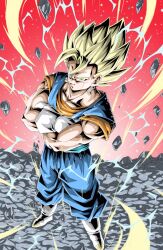 Rule 34 | 1boy, blonde hair, boots, commentary request, crossed arms, dragon ball, dragonball z, earrings, electricity, furrowed brow, gloves, gradient background, green eyes, highres, jewelry, male focus, muscular, muscular male, potara earrings, red background, rock, smile, solo, super saiyan, vegetto, white footwear, white gloves, youngjijii