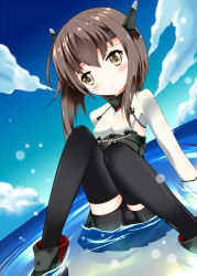 Rule 34 | 10s, 1girl, bike shorts, blush, boots, brown eyes, brown hair, feiren, headband, headgear, kantai collection, looking at viewer, personification, pleated skirt, short hair, sitting, skirt, solo, taihou (kancolle), thighhighs, water
