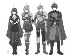Rule 34 | 2boys, 2girls, armor, artist request, breasts, byleth (female) (fire emblem), byleth (fire emblem), byleth (male) (fire emblem), cape, closed mouth, dual persona, fire emblem, fire emblem: three houses, fire emblem warriors: three hopes, gloves, hair ornament, hand on own hip, height difference, highres, holding, long hair, long sleeves, looking at viewer, medium hair, monochrome, multiple boys, multiple girls, nintendo, pantyhose, pantyhose under shorts, shez (female) (fire emblem), shez (fire emblem), shez (male) (fire emblem), short hair, shorts, simple background, smile, white background