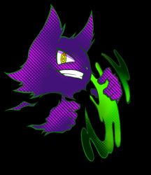 Rule 34 | black background, clenched hand, creatures (company), floating, full body, game freak, gen 1 pokemon, ghost, grin, happy, haunter, holding, looking at viewer, minashirazu, nintendo, no humans, one eye closed, pokemon, pokemon (creature), rayman limbs, simple background, smile, solo, teeth, wink, yellow eyes
