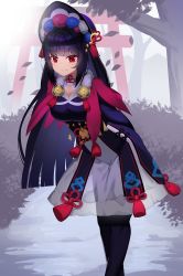 Rule 34 | 1girl, absurdres, arms behind back, black hair, black pantyhose, bluerabbit gap, blunt bangs, blurry, breasts, capelet, cleavage, cleavage cutout, clothing cutout, commentary, depth of field, eyeshadow, falling leaves, fur-trimmed capelet, fur trim, genshin impact, hairband, highres, large breasts, leaf, leaning forward, lolita hairband, long hair, long sleeves, looking at viewer, makeup, medium breasts, pantyhose, red eyes, see-through, see-through skirt, sidelocks, skirt, smile, solo, torii, tree, vision (genshin impact), yun jin (genshin impact)