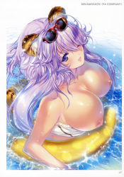 Rule 34 | 1girl, ;d, absurdres, animal ears, artist name, blue eyes, blush, breasts, cleavage, collarbone, eyewear on head, fang, gloves, hair between eyes, highres, innertube, large breasts, long hair, looking at viewer, min-naraken, nipples, non-web source, one eye closed, open mouth, partially submerged, purple hair, scan, smile, solo, sunglasses, swim ring, swimsuit, tail, tiger ears, tiger tail, toranoana, water