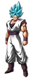 Rule 34 | 1boy, bandai namco, biceps, blue eyes, blue hair, boots, dougi, dragon ball, dragon ball fighterz, full body, highres, looking at viewer, male focus, muscular, official art, recolor, recolored, serious, solo, son goku, spiked hair, super saiyan, super saiyan blue, transparent background, wristband