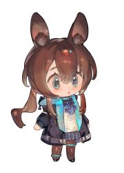 Rule 34 | 1girl, amiya (arknights), animal ear fluff, animal ears, arknights, ascot, black jacket, blue ascot, blue skirt, brown hair, brown pantyhose, chibi, commentary, highres, jacket, long sleeves, pantyhose, plaid, plaid skirt, pleated skirt, ponytail, rabbit ears, simple background, skirt, solo, sweater, vihua6, white background, white sweater