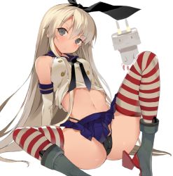 Rule 34 | 10s, 1girl, arm support, ass, black panties, blonde hair, blush, green eyes, kantai collection, long hair, midriff, nauribon, navel, panties, rensouhou-chan, shimakaze (kancolle), simple background, sketch, skirt, solo, spread legs, stomach, striped clothes, striped thighhighs, thighhighs, thighs, underwear, white background