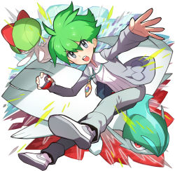 Rule 34 | 10s, 1boy, bad id, bad pixiv id, collared shirt, creatures (company), full body, gallade, game freak, gen 3 pokemon, gen 4 pokemon, green hair, grey eyes, holding, holding poke ball, jacket, jewelry, looking at viewer, male focus, mega gallade, mega pokemon, necklace, nintendo, open clothes, open jacket, open mouth, outstretched arm, outstretched hand, pants, pendant, poke ball, pokemon, pokemon (creature), pokemon oras, ralts, red eyes, saitou naoki, shirt, shoes, wally (pokemon), white footwear, white shirt