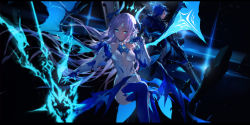 Rule 34 | 1boy, 1girl, absurdres, arm guards, artist name, bare shoulders, black coat, blue eyes, blue fire, blue gloves, blue thighhighs, blue wings, breasts, breasts apart, center frills, chevalier (elsword), ciel (elsword), closed mouth, coat, dark background, dress, elsword, fire, forehead jewel, frills, fur collar, gloves, hair over one eye, head tilt, highres, holding, holding weapon, horns, ishtar (elsword), legs up, lens flare, long hair, long sleeves, looking at viewer, looking back, low wings, luciela r. sourcream, medium breasts, outstretched arm, parted bangs, pointy ears, pyrokinesis, signature, swd3e2, thighhighs, weapon, white dress, white hair, wings