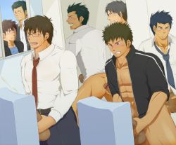 Rule 34 | 6+boys, abs, ass, bathroom, bottomless, censored, clenched teeth, formal, glasses, group sex, handjob, kai (artist), male focus, masturbation, multiple boys, muscular, necktie, one eye closed, penis, public indecency, shirt, suit, tagme, teeth, testicles, unzipped, urinal, white shirt, wink, yaoi