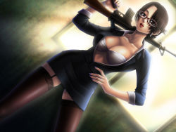 Rule 34 | 1girl, bad id, bad pixiv id, bra, breasts, cleavage, counter-strike, counter-strike (series), counter-strike online, counterstrike online, glasses, gun, highres, large breasts, lingerie, rifle, short hair, solo, tansui nue, thighhighs, underwear, weapon
