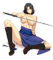 Rule 34 | 1girl, abs, black hair, blood, blood on face, boots, breasts, brown eyes, highres, holding, holding sword, holding weapon, katana, large breasts, long skirt, medium hair, minew, muscular, muscular female, on floor, original, scar, skirt, solo, sword, toned, topless, weapon, white background