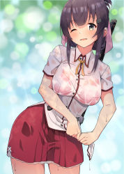 Rule 34 | 1girl, black hair, blunt bangs, bra visible through clothes, bralines, breasts, commentary request, cowboy shot, grey eyes, hair ornament, hair ribbon, hairclip, highres, large breasts, looking at viewer, medium hair, motsutoko, one eye closed, open mouth, pink ribbon, red skirt, ribbon, see-through, sheath, sheathed, shirt, short sleeves, skirt, solo, sword, toji no miko, weapon, wet, wet clothes, wet shirt, yanase mai