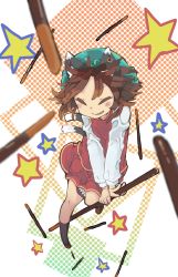 Rule 34 | 1girl, ^ ^, animal ears, brown hair, cat ears, cat tail, chen, chocolate, closed eyes, earrings, closed eyes, fang, floating hair, food, full body, hat, highres, holding, holding food, jewelry, knee up, long sleeves, mob cap, multiple tails, nekomata, osaname riku, outstretched arms, outstretched leg, parted lips, pocky, polka dot, polka dot background, shirt, single earring, skirt, skirt set, smile, socks, solo, star (symbol), tail, touhou, two tails, white shirt
