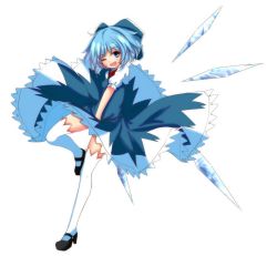 Rule 34 | 1girl, bad id, bad pixiv id, blue hair, blush, bow, cirno, colorized, female focus, full body, hair bow, mary janes, one eye closed, open mouth, shoes, short hair, simple background, smile, solo, thighhighs, touhou, tsukigami chiruyo (zeroko), white background, white thighhighs, wink, zerokosan