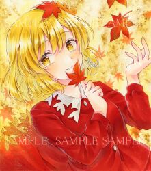 Rule 34 | 1girl, aki shizuha, alto2019, autumn leaves, blonde hair, buttons, hair ornament, holding, holding leaf, leaf, leaf hair ornament, long sleeves, marker (medium), red shirt, sample watermark, shirt, short hair, smile, solo, touhou, traditional media, watermark, yellow eyes