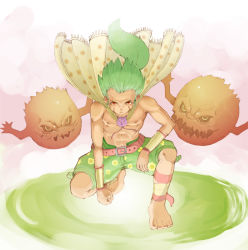 Rule 34 | 1990s (style), 1boy, barefoot, bomb (final fantasy), final fantasy, final fantasy vi, full body, gau, green hair, lionel nakamura, long hair, male focus, ponytail, red eyes, scar, topless male, shorts