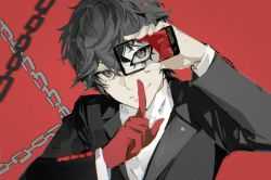 Rule 34 | amamiya ren, black eyes, black hair, black jacket, cellphone, chain, covering own mouth, gloves, hand over own mouth, highres, holding, holding phone, index finger raised, jacket, long sleeves, looking at viewer, male focus, mask, persona, persona 5, phone, red background, red gloves, shirt, single glove, smartphone, smile, solo, upper body, white shirt, wing collar, xing 20