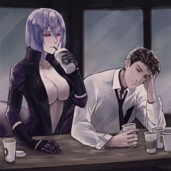 Rule 34 | 1boy, 1girl, animification, arachne, arthropod girl, black neckwear, bob cut, bodysuit, bodysuit under clothes, breasts, carapace, center opening, cleavage, coffee, collarbone, crossover, cup, disposable cup, dress shirt, drinking, drinking straw, extra eyes, hair between eyes, indoors, insect girl, large breasts, marvel, monster girl, monster musume no iru nichijou, necktie, peter parker, rachnera arachnera, red eyes, shirt, short hair, silver hair, spider-man, spider-man (series), spider girl, starbucks, taur, trait connection, white shirt, zakirsiz