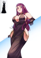 Rule 34 | 1girl, absurdres, alternate costume, black choker, black dress, black gloves, breasts, chain, choker, cleavage, deliciousbrain, dress, elbow gloves, female focus, fire emblem, gloves, gold chain, highres, hip vent, inset, ivy (fire emblem), large breasts, lipstick, long hair, makeup, mannequin, matching hair/eyes, modakawa dress, mole, mole under mouth, nintendo, purple eyes, purple hair, revealing clothes, sideboob, smile, solo, twitter username