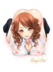 Rule 34 | 1girl, blush, bottomless, breasts, brown eyes, brown hair, cleavage, drill hair, earrings, eyeshadow, gyaru, jewelry, kogal, large breasts, lipstick, long hair, looking at viewer, makeup, momoi komomo, necklace, nipples, no bra, original, see-through, shirt, simple background, solo, wet, wet clothes, wet shirt, white background