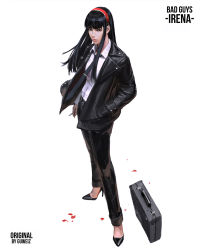 Rule 34 | 1girl, black eyes, black hair, briefcase, cigarette, diadem, full body, guweiz, high heels, highres, jacket, leather, leather jacket, long hair, necktie, original, pinup (style), red soles, shoes, simple background, solo, white background
