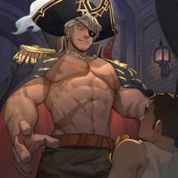 Rule 34 | 2boys, abs, absurdres, bara, belt, black coat, black pants, blonde hair, brown belt, chain necklace, coat, coat on shoulders, eyepatch, facial hair, hat, highres, jewelry, large pectorals, male focus, multiple boys, muscular, muscular male, navel, necklace, nipples, one eye covered, original, pants, pectorals, peterhl, pirate, pirate hat, scar, scar on chest, scar on stomach, short hair, yaoi